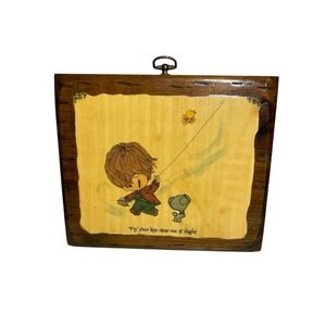 Vintage Boy Maybe Precious Moments  Wood Hanging Plaque Artwork Kite Dog‎
